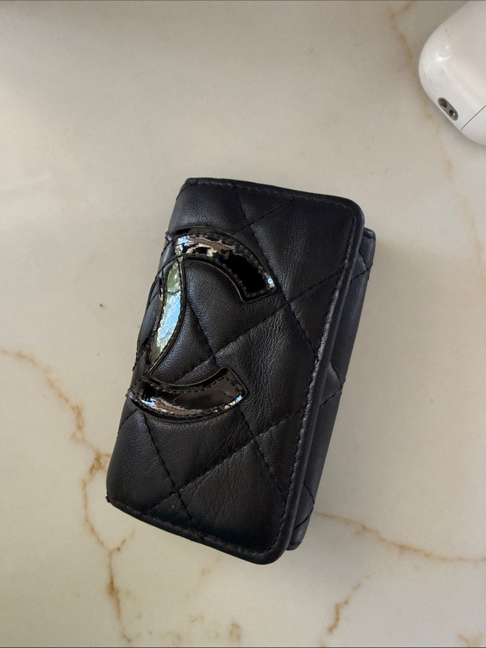 CHANEL Black Quilted Leather Trifold key Wallet with Glossy CC